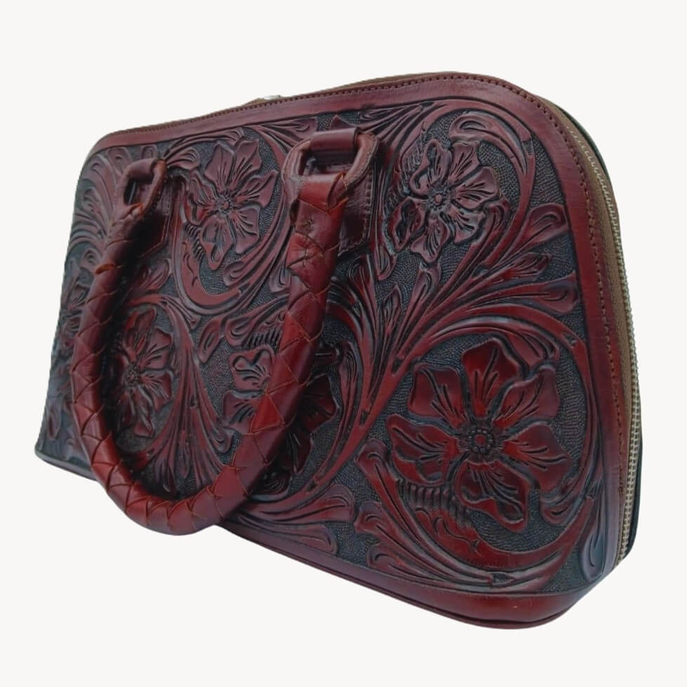 Handmade handbags satchel with braided handles and tooling