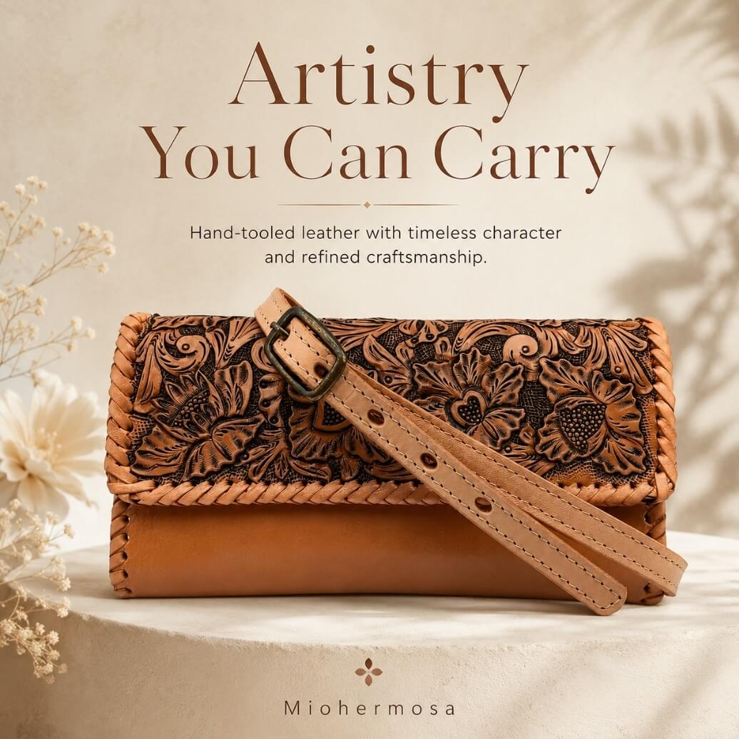 Natural tan hand-tooled leather crossbody bag with floral detailing, buckle strap, and Artistry You Can Carry ad text.