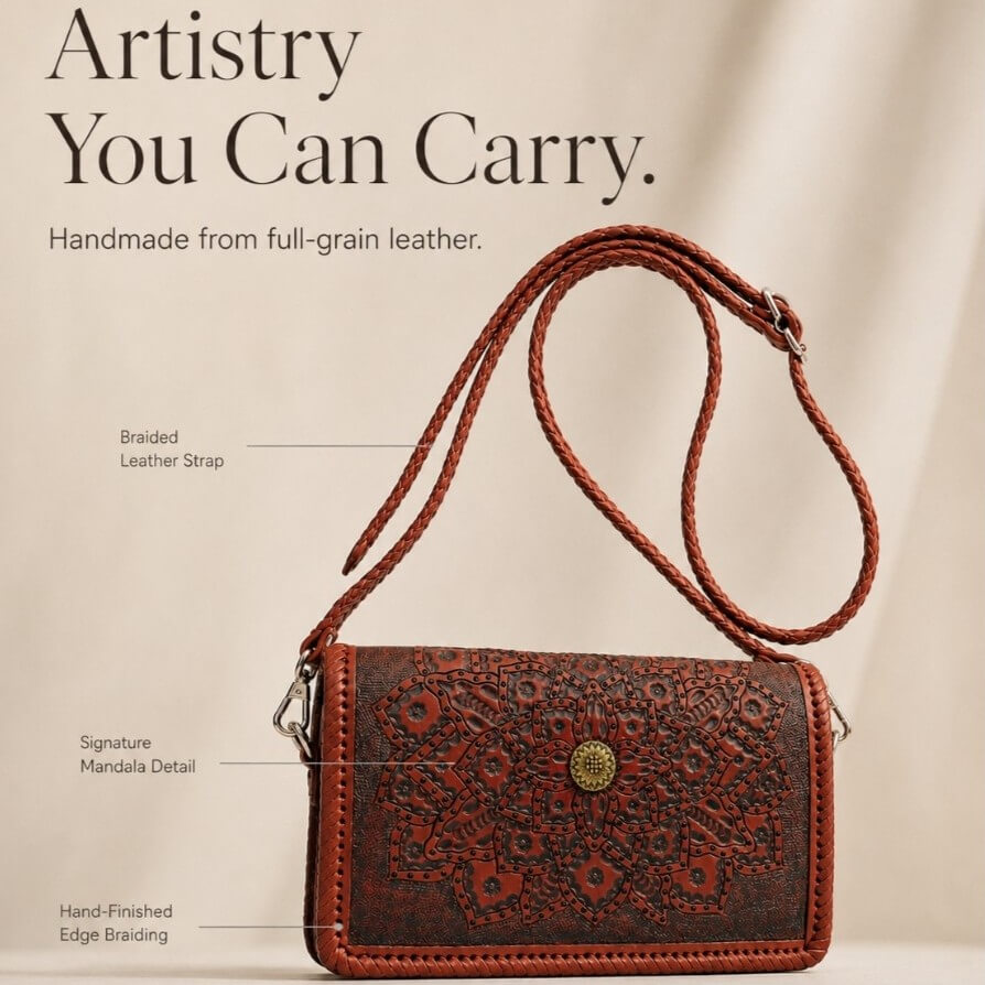 Promotional graphic reading “Artistry You Can Carry” featuring a red-brown embossed leather crossbody bag with mandala detailing, braided strap, and hand-finished edge braiding.