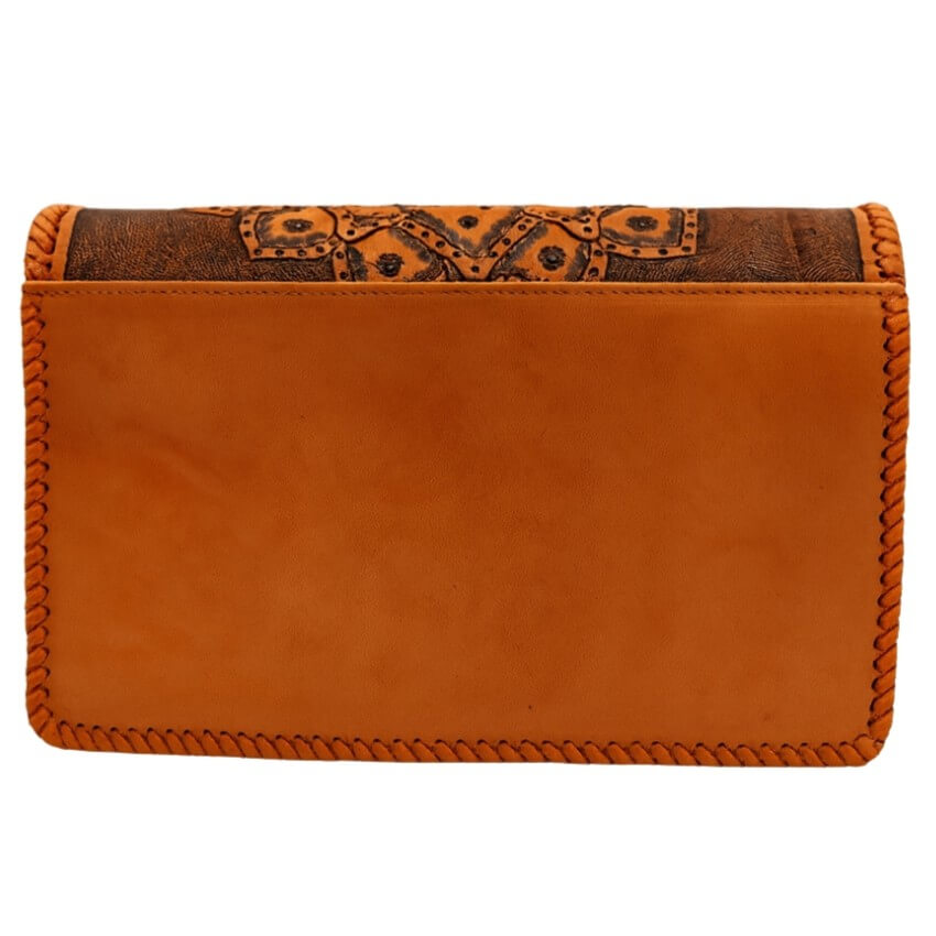Back view of Sedona Mandala Tooled Leather Crossbody in smooth full-grain leather burnt orange