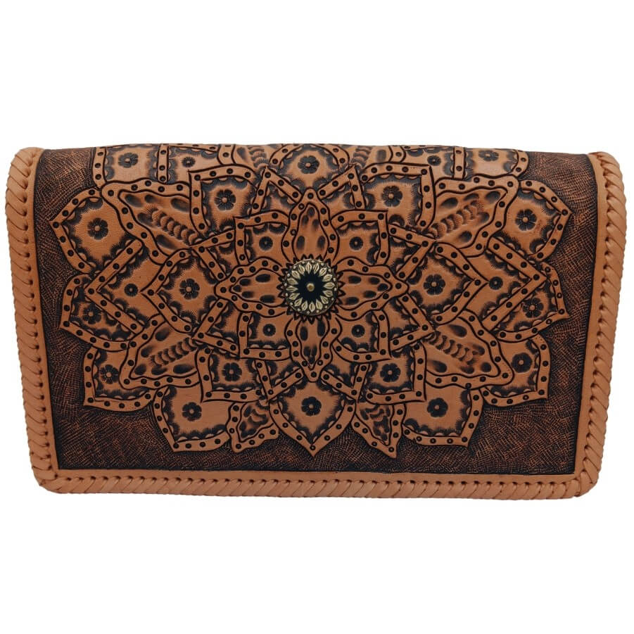 Sedona Mandala Tooled Leather Crossbody front with sunburst concho