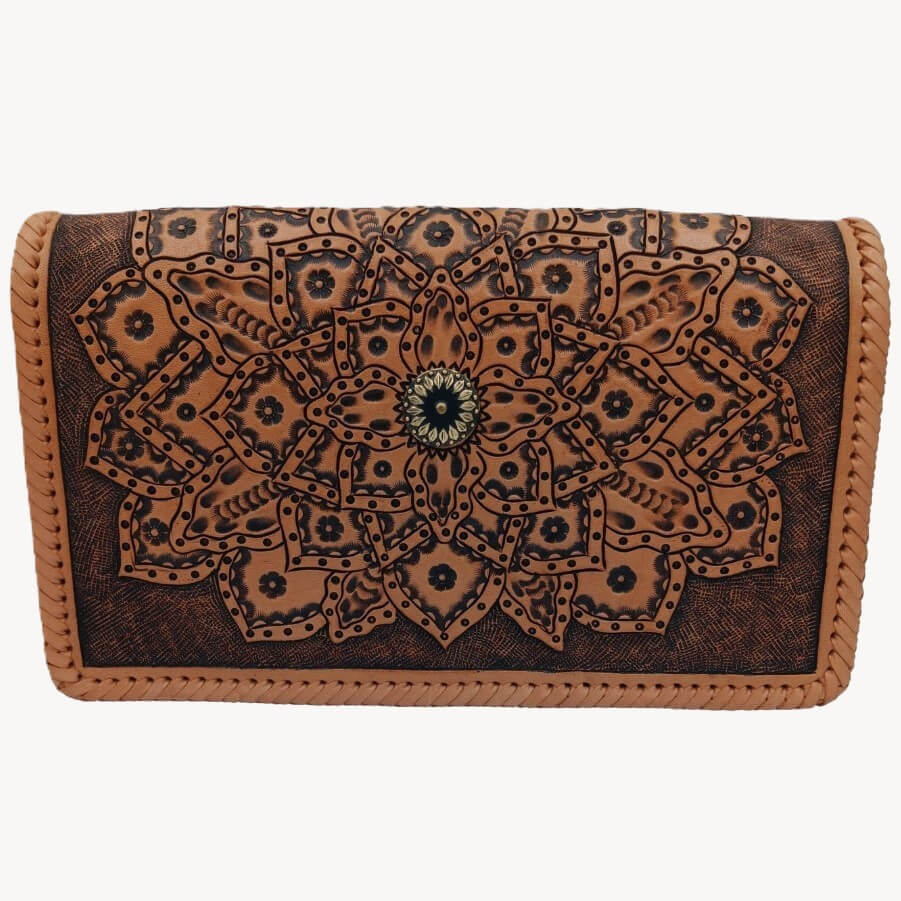 Sedona Mandala Tooled Leather Crossbody front with sunburst concho