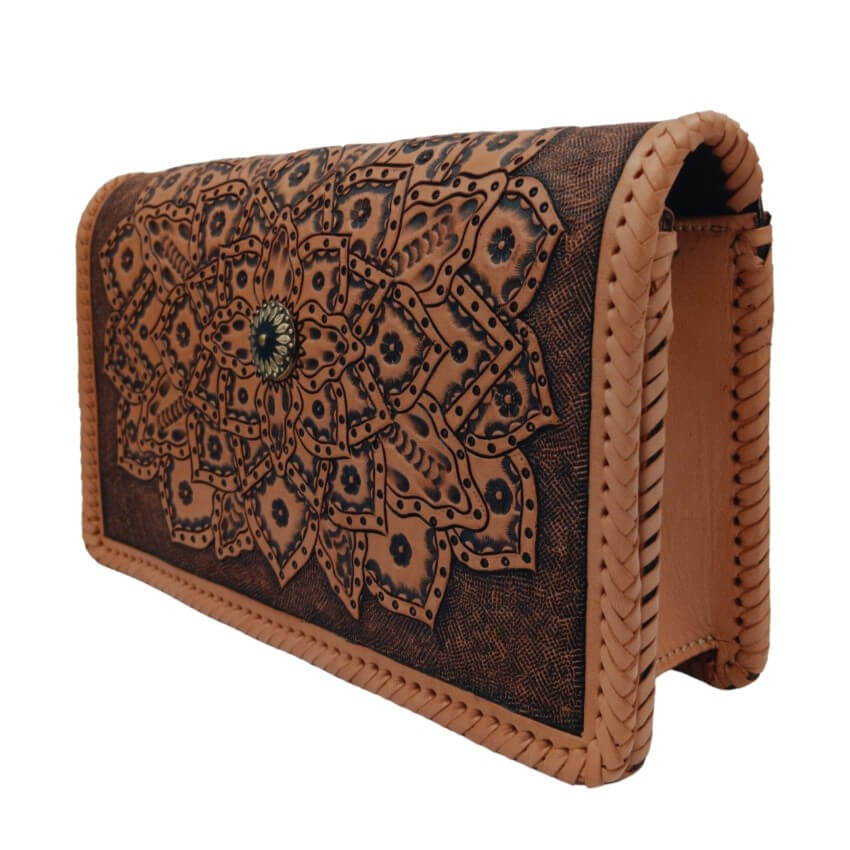 Side angle of Sedona Mandala Crossbody in tan and coffee