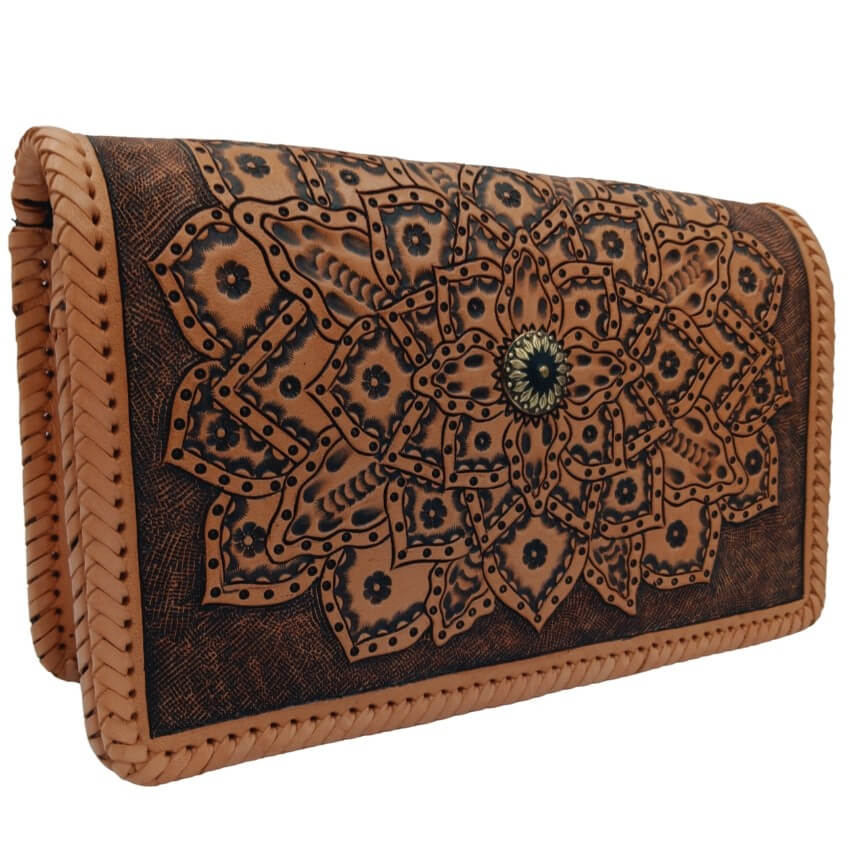 Angled view showing whipstitch edges on Sedona Mandala tooled leather purse
