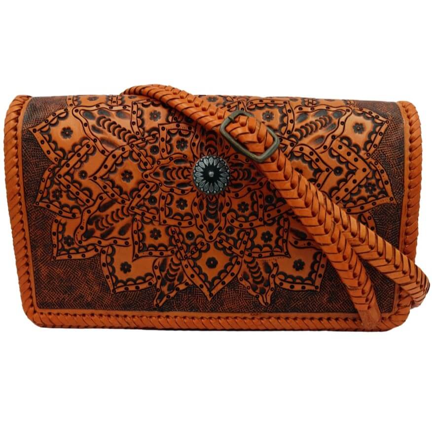 Sedona Mandala Tooled Leather Crossbody with removable braided strap and tooled floral mandala design burnt orange