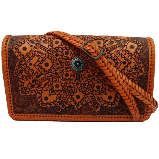 Sedona Mandala Tooled Leather Crossbody with removable braided strap and tooled floral mandala design burnt orange
